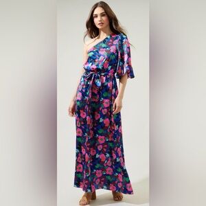 Sugarlips Floral One-Shoulder Maxi Dress - Blue and Pink